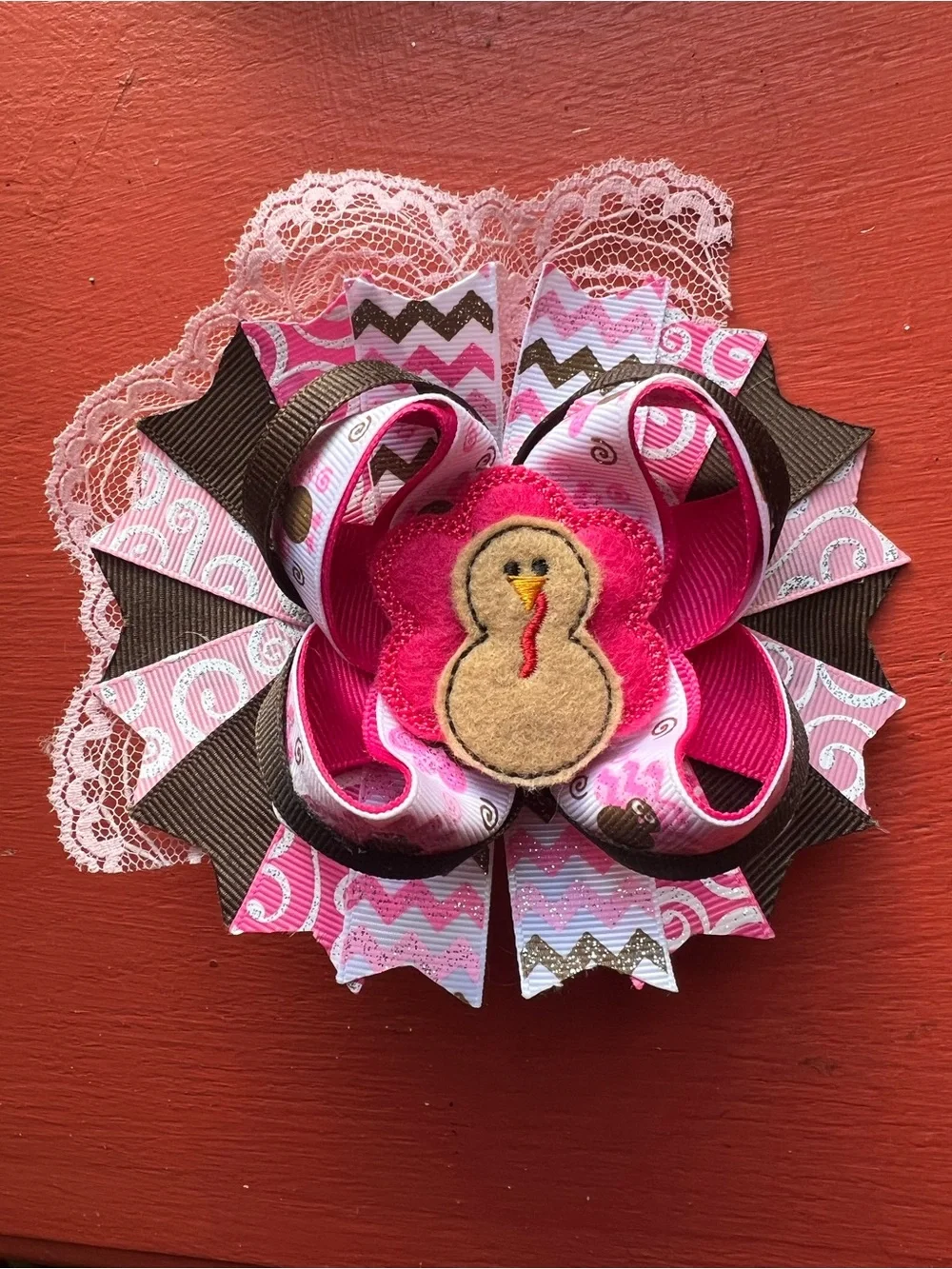 Handmade Pink & Brown Turkey Bow Hair Clip for Girls
